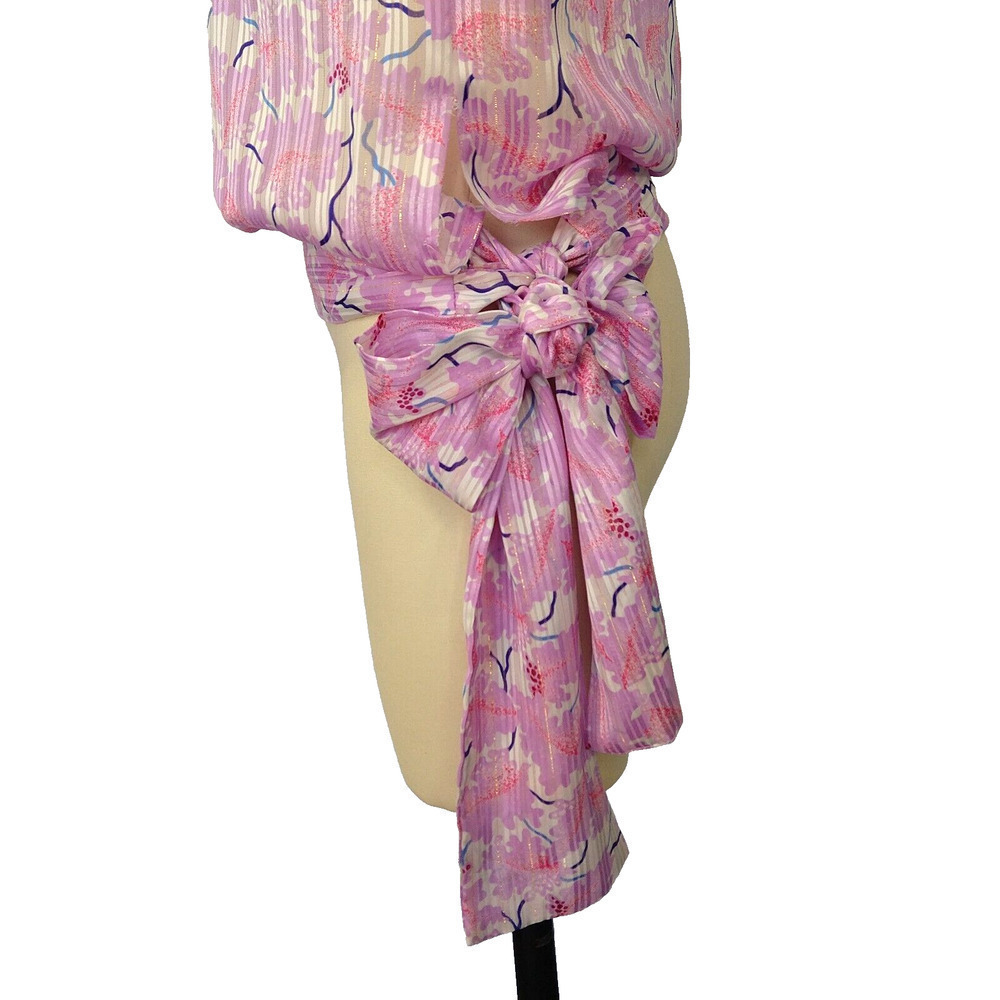 Vintage 80s Floral Blouse Size M Purple Georgette Bow Glam Long Sleeve Metallic - Picture 3 of 9